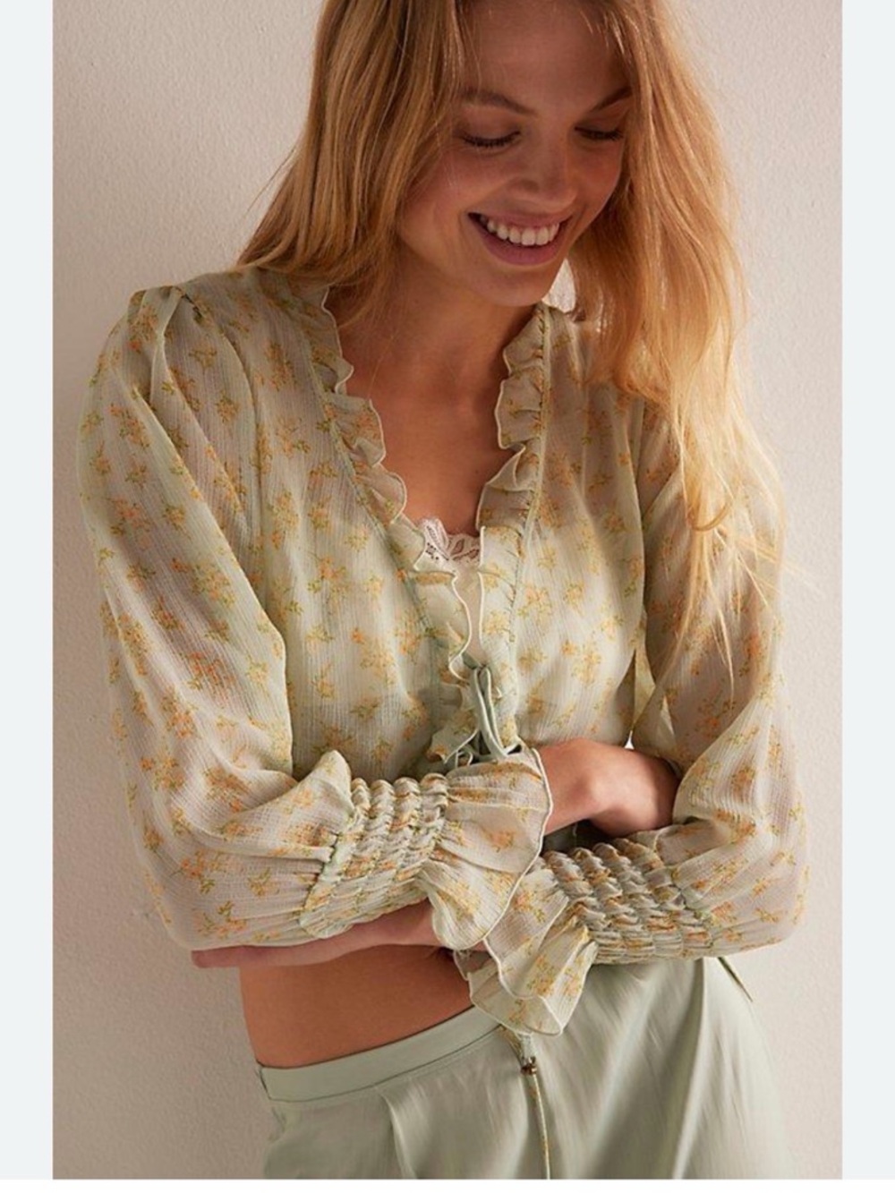 Free People Sage Green Floral Ruffle Blouse